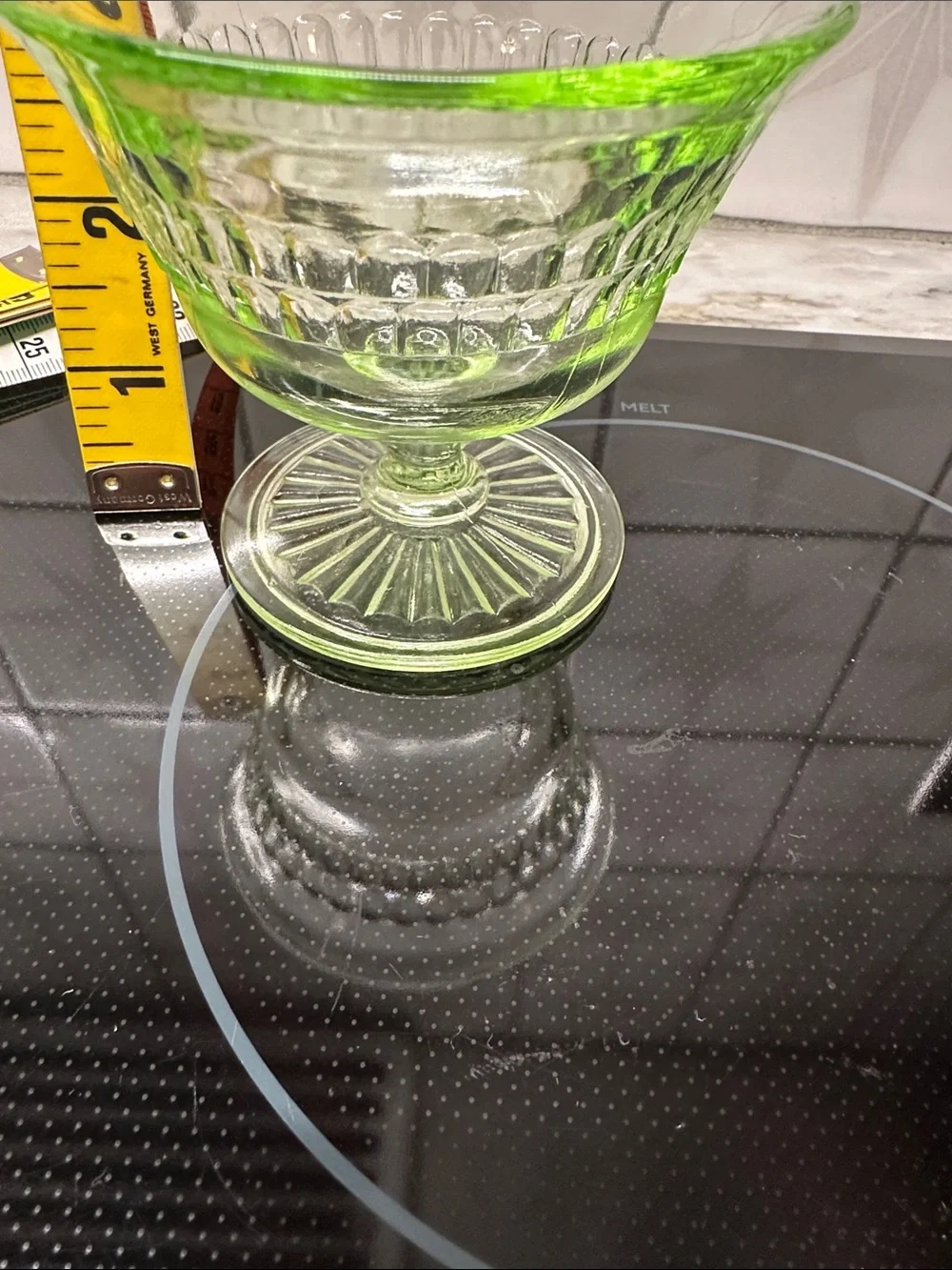 Anchor Hocking Roulette Green Glass Dessert Coupe - Uranium-Style pedestal dish